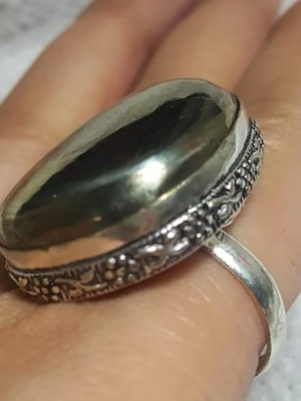 Stanley 925 Silver Ring with Dark Green Golden Pyrite Ring Oval